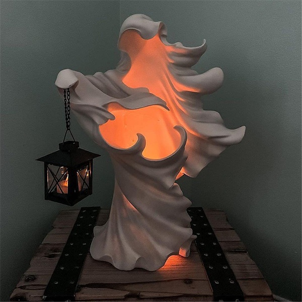 Spøgelsesheks Solcelle Lanterne Statue Halloween Ornamenter Dekorationer White
