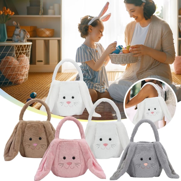 Påskhare Korgväskor Kanin Hinkväska med Långa Fluffiga Öron, Förvaring för Festgodis, Presenter Bärhink, Presenter till Barn Light Grey
