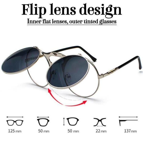 3 st unisex solglasögon metall Flip Up Len runda glasögon Silver Frame Dark Blue Lenses