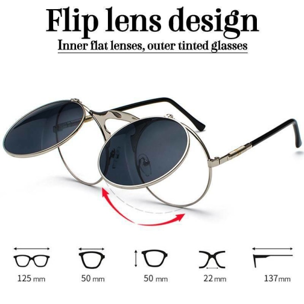 Unisex Solglasögon Metal Lennon Flip Up Len Runda Ögonbågar Rose Gold Frame Black Lenses