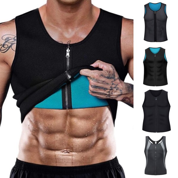 Män Sauna Svettdräkt Midjetränare Träningskroppsshapare Varm Väst Dragkedja Slank Tank Top Sport Gym Skjorta Shapewear A 2XL