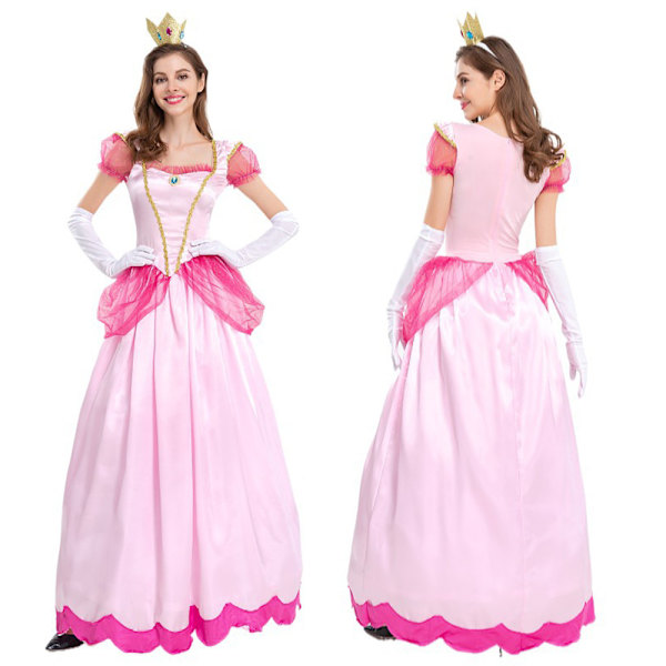 Prinsessan Peach Kostym Vuxen Puffärm Klänning + Krona Kostym XL