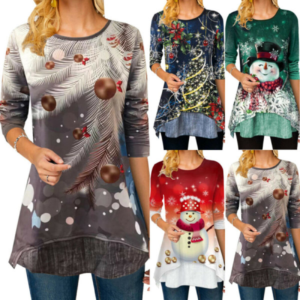 Jul Kvinnor Xmas Print Oregelbundna långärmade Pullover Toppar Blue