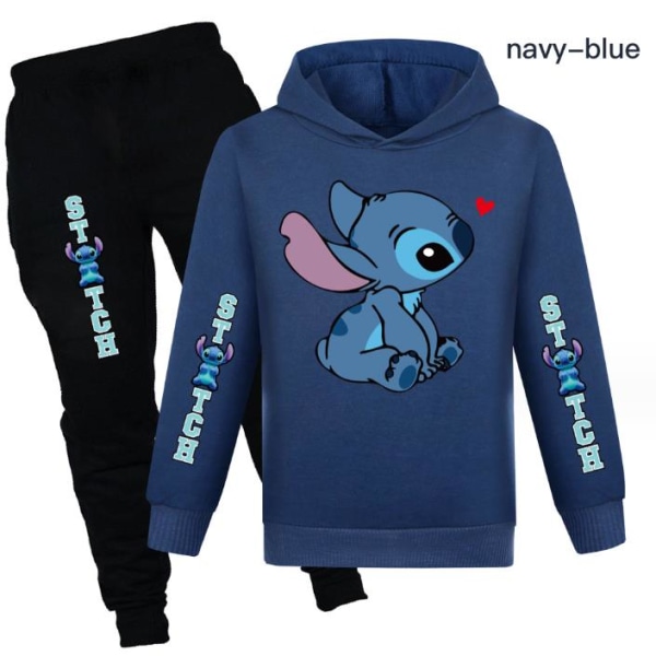 Barn Pojkar Stitch Hoodies Jumper Sweatshirt Toppar Byxor Outfit navy blue 150cm