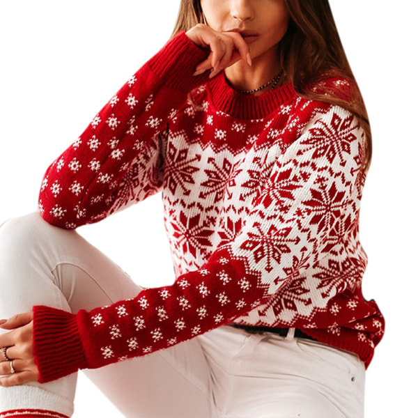 Kvinnor Höst Vinter Jul Snowflake Långärmad stickad tröja red