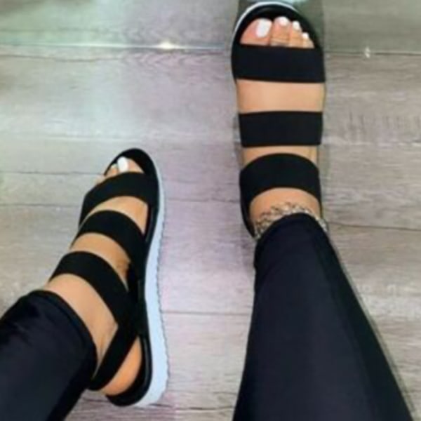 Platta sandaler med band för damer, sommar bekväma Peep Toe-skor Black 37
