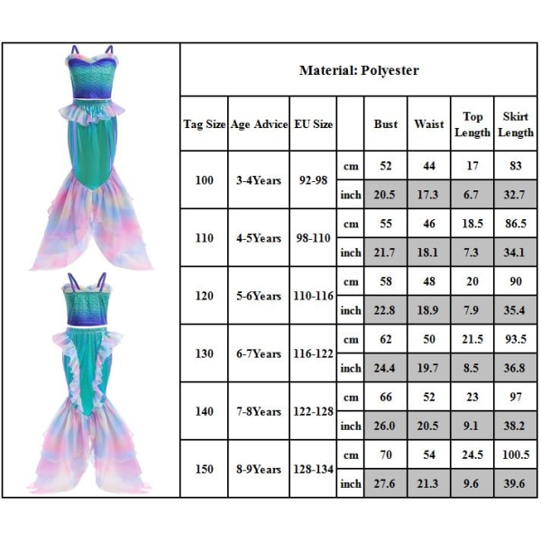 Lilla sjöjungfrun Princess Klänning Kostym Flickor Outfit Festklänning 150cm