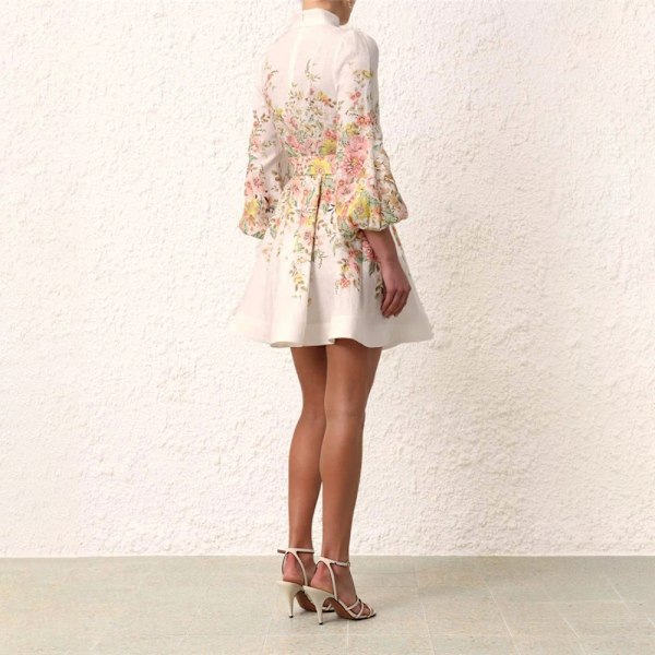 Zim Stil Matchmaker Knäppt Bältad Tryckt Linne Mini Klänning Damklänning Mode Temperament Retro Enkelknäppt Kort Damklänning Med Bälte White L