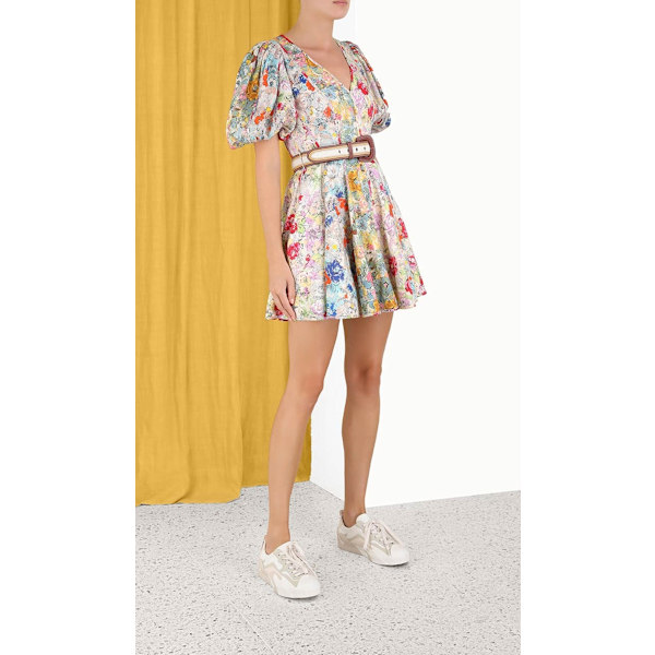 CLOVER PANEL MINI KJOLE Dame Slips Slids Flæsehals Bobleærme Elastisk Talje Boho Blomsterkjole M