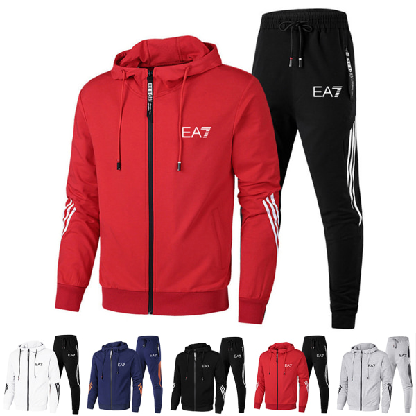 Män EA7 Sports Huvtröja & Byxor Set Långärmad Hel Dragkedja Hoodie Sweatshirt Jacka + Joggingbyxor Sweatpants Outfit Med Fickor Red 3XL