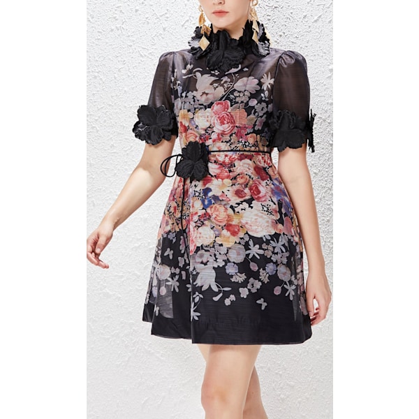 LUMINOSITY LIFTOFF FLOWER MINI Mekko Naisten Mekko Muoti Temperamentti Pystykaulus Loma Retro A-linjainen Painettu Lyhyt Mekko Black XL