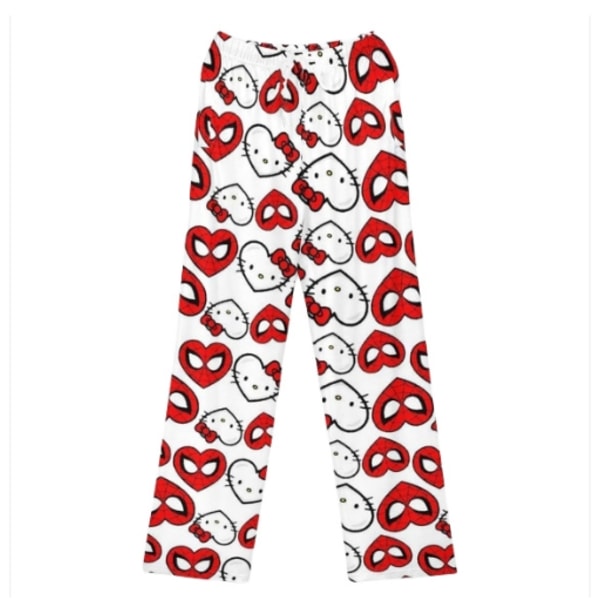 Dam Jul-Cartoon Fleece Pyjamasbyxor, Flickor Cartoon Cat Print Flanell Sovbyxor (Heltryck) KT Cat White M