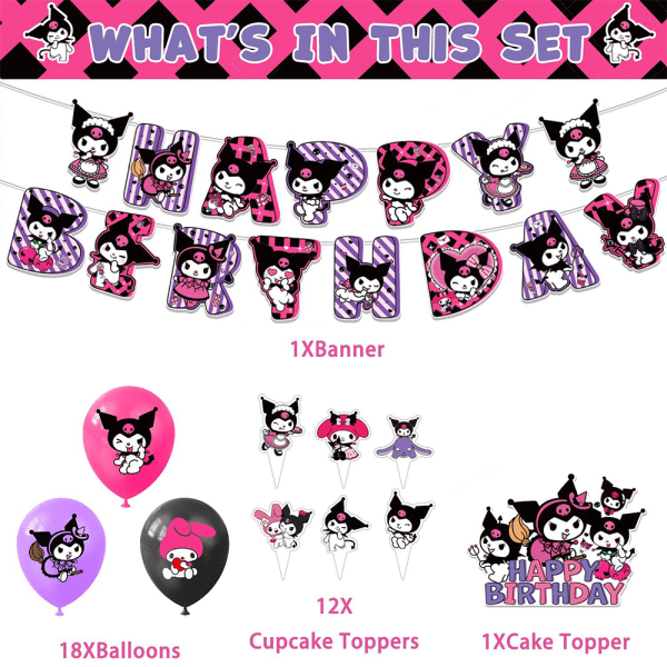 Kuromi Tema Födelsedagsfest Banner Cake Topper Ballonger Tillbehör Dekoration Kit