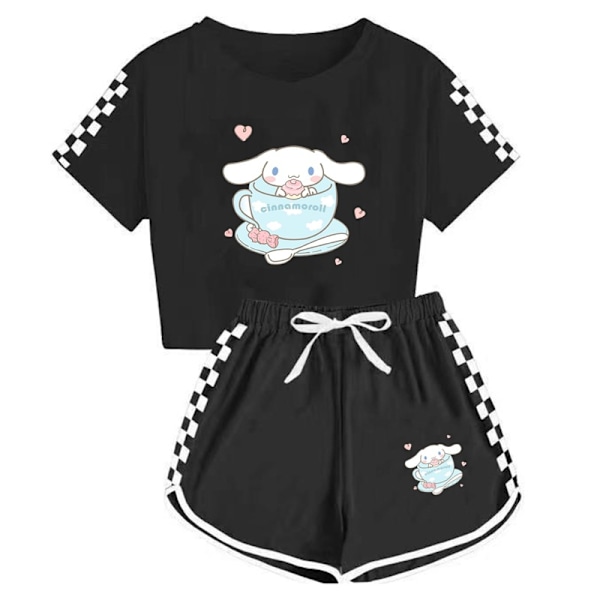 Barn Flickor Pojkar Cinnamoroll Tryckt Kortärmad T-shirt+shorts Sport Outfit Set Flickor Träningsdräkt Black 160cm