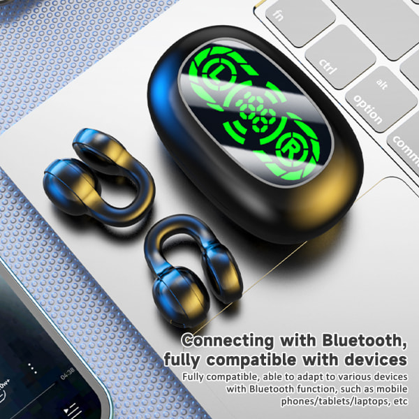 Trådlös Bluetooth hörsnäcka Öronklämma Hörlurar Stereoljud LED Digital Display Black