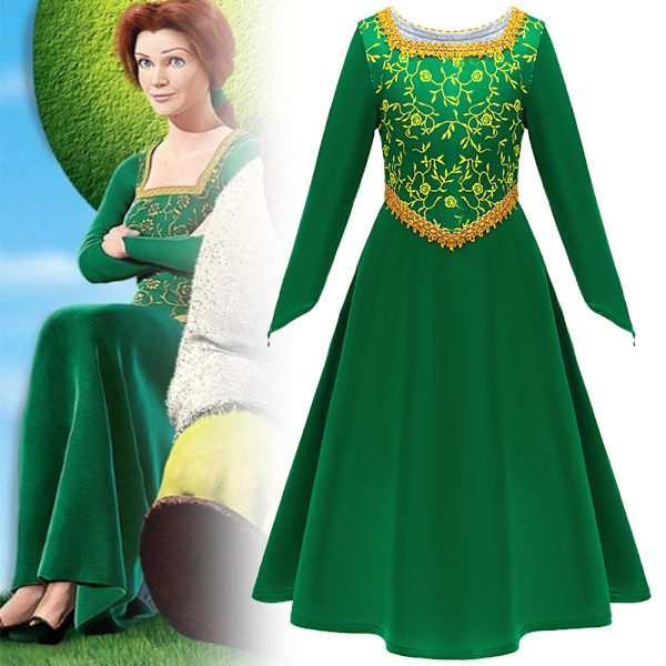 Barnflickor Shrek Fiona Cosplay Prinsessklänning Halloween Karnevalfest Kostym Finfräsch Klänning 120cm