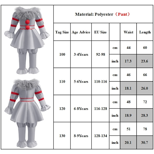 Barn Clown Kostym Pennywise Halloween, Klassiska Filmkaraktärer Maskeraddräkt för Pojkar Flickor Karnevalfest 120cm