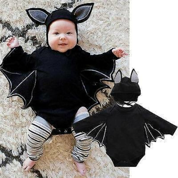 Barn Halloween Svart Bat Kostym Kapp Romper + Hatt Häxa black 80