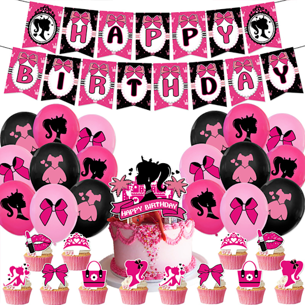 Barbie-temabursdagsfestutstyr Ballongsett Banner Topper Kakepynt