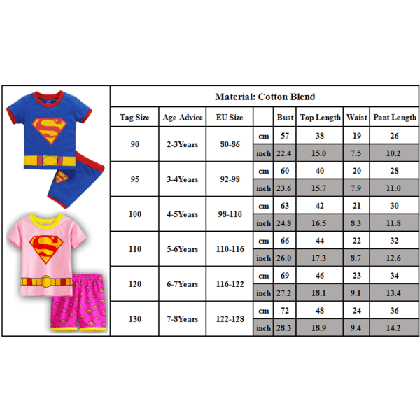 Barn Pojkar Pyjamas Set Tecknad T-shirt Shorts Nattkläder Outfit Blue superman 95cm