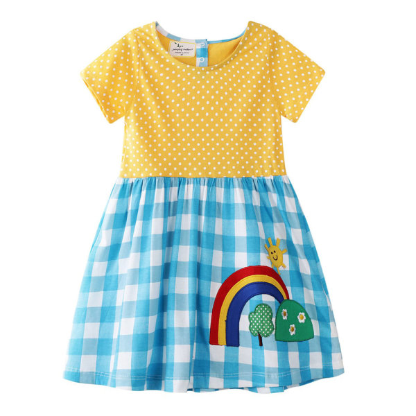 Barn Flickor Summer Princess Check Rainbow Panel Söt klänning 4T