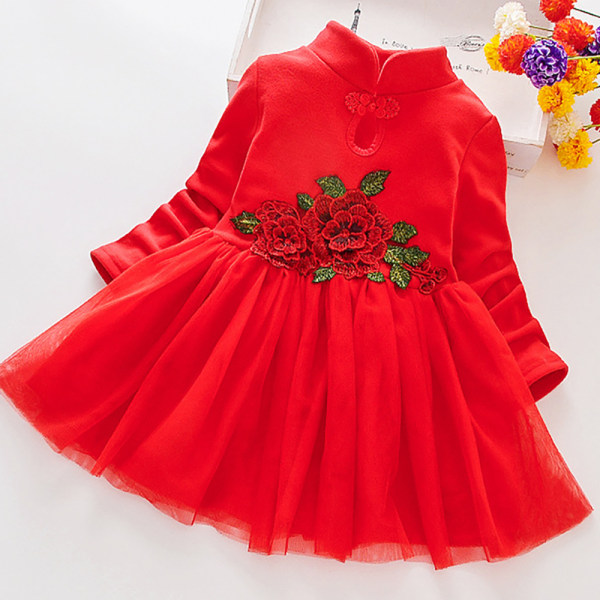 Flickor Barn Blomma Prinsessan Långärmad Tutu klänningar för bröllopsfest Red 110cm