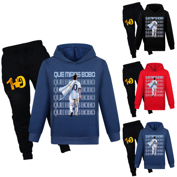 Barn Pojke Flicka Messi Fotboll Fotboll Hoodies Träningsoverall Set Byxor Pullover Outfits Navy blue 140cm