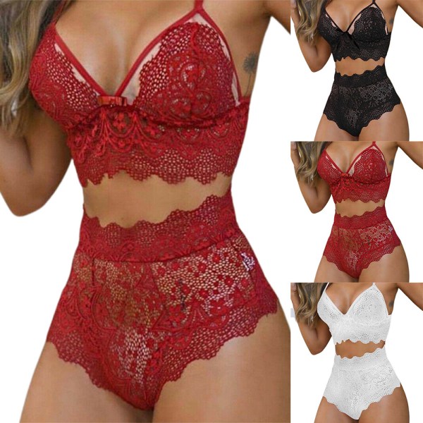 Mjuk spets push-up bh-set med högt midjehöga trosor, nattkläder Wine red XL