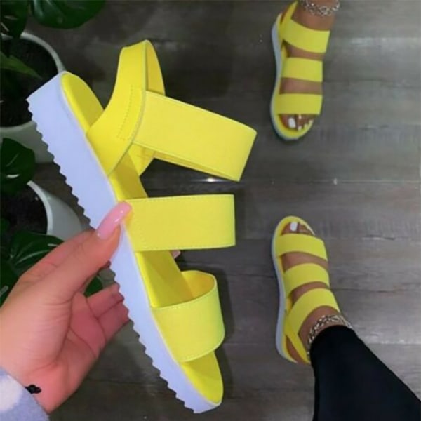Platta sandaler med band för damer, sommar bekväma Peep Toe-skor Yellow 36