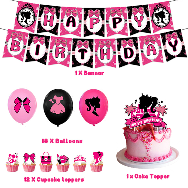 Barbie-temabursdagsfestutstyr Ballongsett Banner Topper Kakepynt