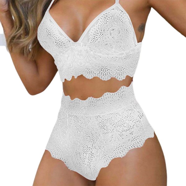 Mjuk spets push-up bh-set med högt midjehöga trosor, nattkläder White XL