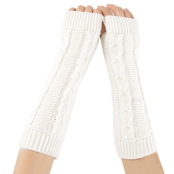 Dame Tommelfingerhul Strikkede Fingerløse Handsker Varmere Vanter Gave White