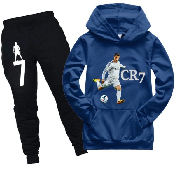 Barn Pojkar CR7 Ronaldo träningsoverall Set Huvtröja Sweatshirt Huvtröja Byxor Outfit Royal blue 130cm