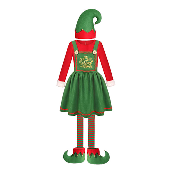 Jultomte Kostym för Vuxna, Pojkar, Flickor, Grön Elf Cosplay Klänning, Hatt, Strumpor, Set för Kvinnor, Nyår, Julfestkläder Girls M