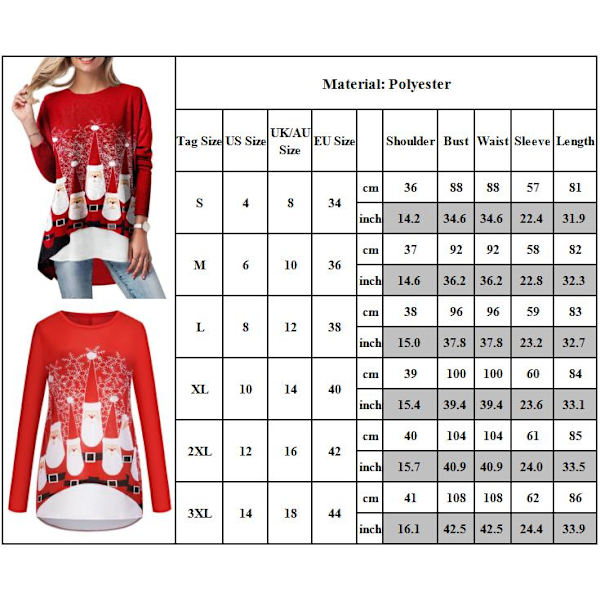 Dam T-shirt med Jultomtetryck, Tunika, Långärmad, Lös Passform L