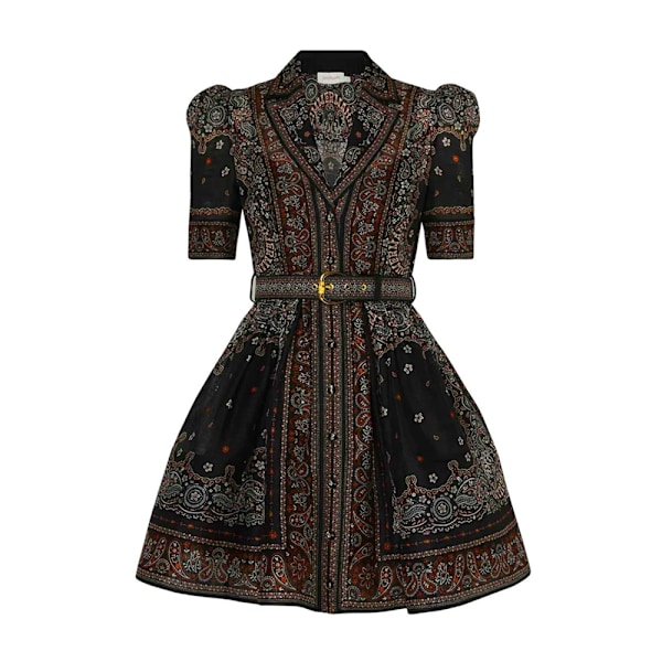 Zim Style Matchmaker Knäppt Skjortklänning med Bälte och Tryck Mini Damklänning Temperament Retro Kvinnor Kort Klänning Med Bälte Black M