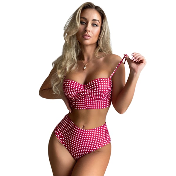Dam Push Up Bikini Padded Spetsat Baddräkt Set Hög Midja Baddräkt Badkläder Rose red 3XL