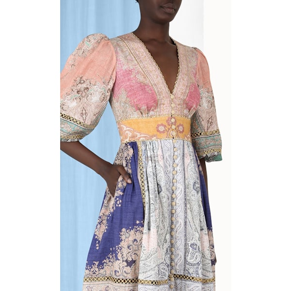 ANNEKE LANTERN MIDI KJOLE 2025 Sommer Ny Dame Mote Temperament Retro V-Hals Knyting Lykt Ermer Enkelkneppet Dame Lang Kjole M