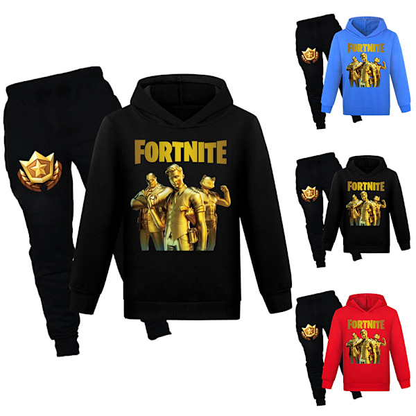 Barn F-ortnite Tryck Casual Hoodie Byxor Kostymer Pojkar Flickor Hoody Byxor Träningsoverall Set Black 160cm