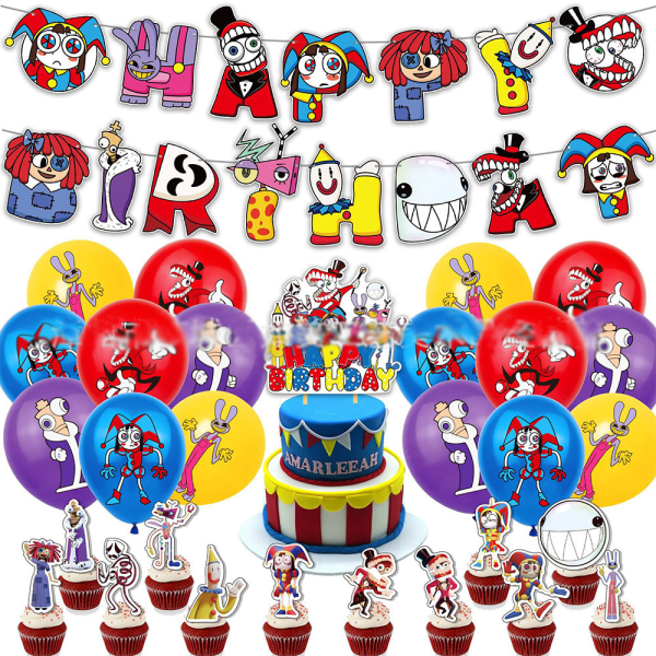 Den fantastiska digitala cirkusen födelsedagsfest dekoration Ballong Cake Toppers Banner Set
