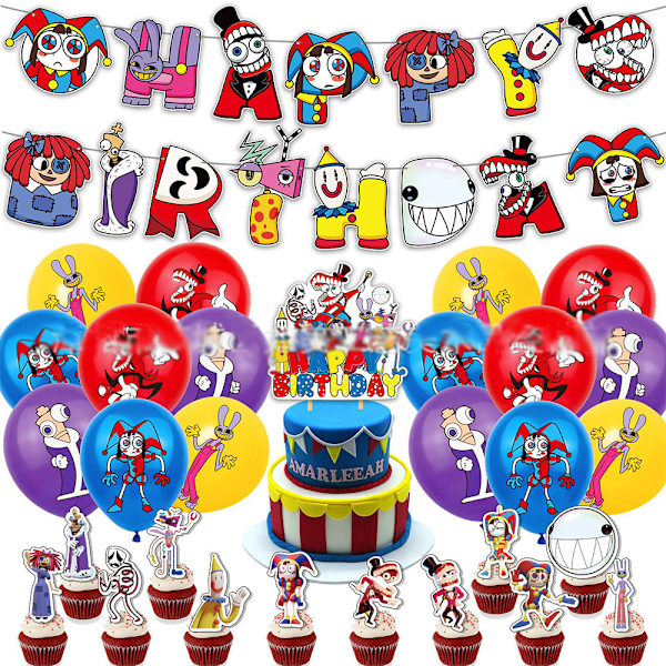 Fantastisk Digital Cirkus Födelsedagsfest Dekoration Ballong Tårta Toppers Banner Set