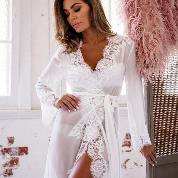 Satin Kimono-Robe för Kvinnor, Brudnäbbens Robe, Nattkläder, Badrock, Klänning, Nattskjorta white L