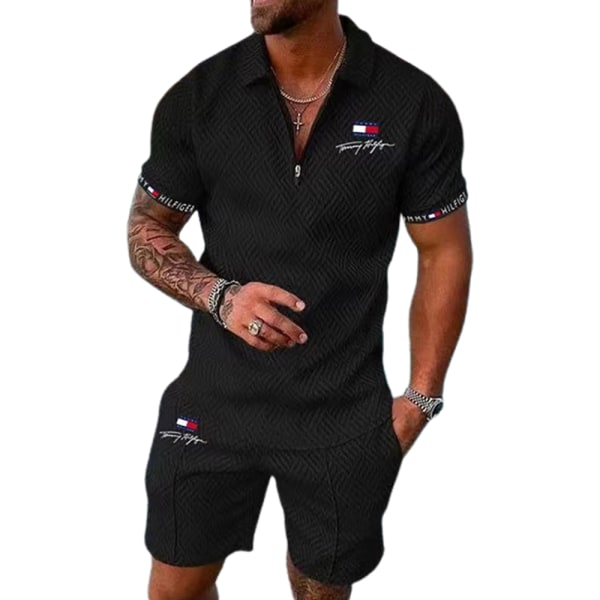 Män Casual Set Sportwear Gym Fitness Sets Mode Sommar Kortärmad T-shirt Shorts Set Black M