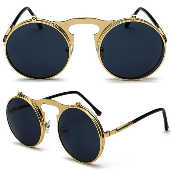 3 st unisex solglasögon metall Flip Up Len runda glasögon Gold Frame Black Lenses