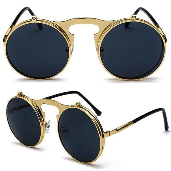 3 st unisex solglasögon metall Flip Up Len runda glasögon Gold Frame Gold Lenses