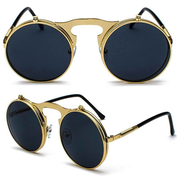 Unisex Solglasögon Metal Lennon Flip Up Len Runda Ögonbågar Rose Gold Frame Black Lenses