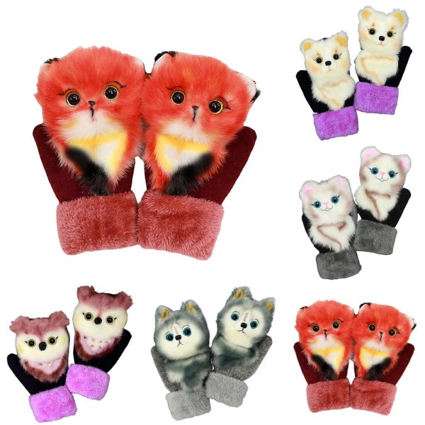 Söta handskar för barn Vintervarma mjuka pälsvantar Plyschhandskar Tjocka owl