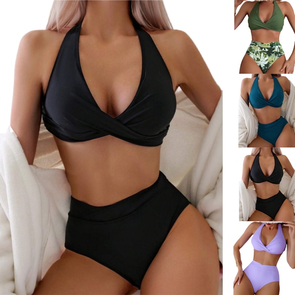 Dam Push Up Bikini Padderad Halter-Neck Baddräkt Set Hög Midja Baddräkt Badkläder Black S