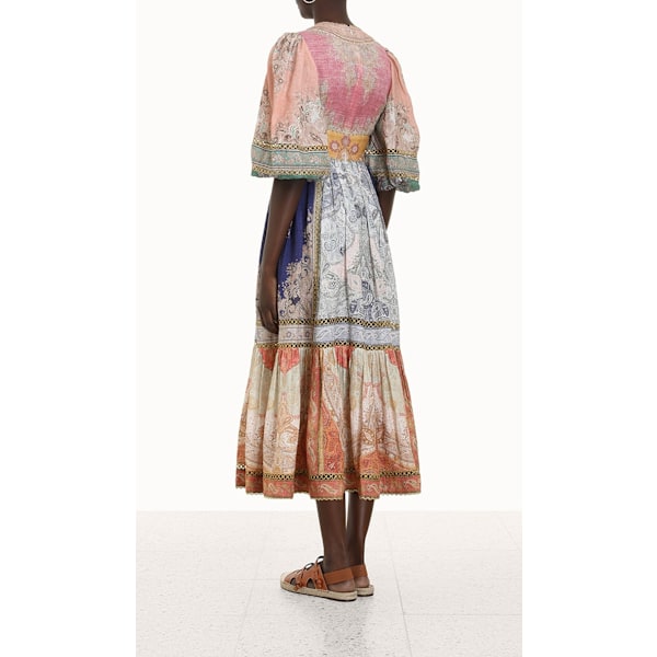 ANNEKE LANTERN MIDI KJOLE 2025 Sommer Ny Dame Mote Temperament Retro V-Hals Knyting Lykt Ermer Enkelkneppet Dame Lang Kjole S