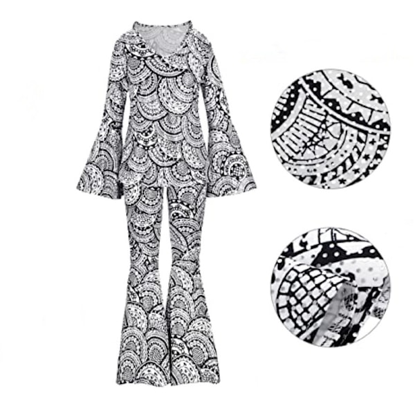 Halloween 70-tals Disco Kostym Set för Kvinnor, Disco Party Topp Byxor Huvudbonad Outfit Set Maskeraddräkt Silver XL
